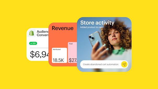 A Shopify analytics dashboard showing store activity metrics, revenue data, and audience conversion stats overlaid on a lifestyle photo background