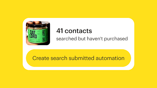 A jar of Oat Lord overnight oats with green label on yellow background, showing 41 contacts searched stats and automation prompt