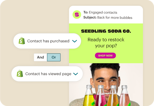 Seedling Soda Co. email using Mailchimp segments and Shopify data to trigger personalized restock messages to engaged contacts.