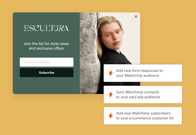 Signup form besides 3 Zap actions to sync contacts, capture leads, and grow Mailchimp audiences.