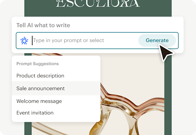 Image of an abstract email interface, where the headline is being actively edited using Mailchimp's generative AI builder feature. The AI suggests creative and engaging headlines and also offers prompt suggestions such as a sales announcement.