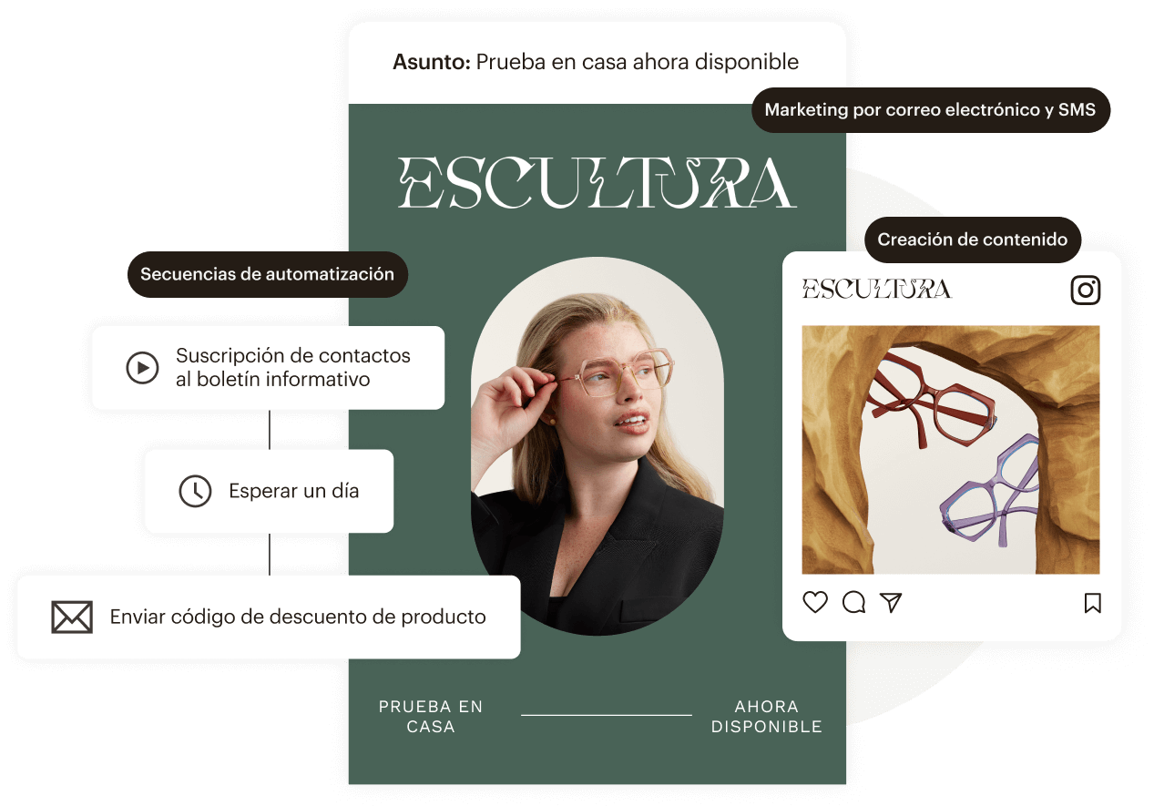 Un grupo de botones en los que se lee "Email y SMS marketing", "Recorridos automatizados" y "Creación de contenidos", junto a imágenes de un correo electrónico de producto, un flujo de usuario automatizado y un activo de marca generado, respectivamente. 