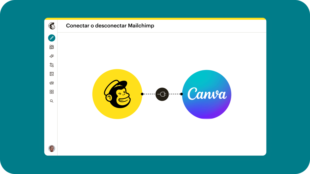 Interfaz de Mailchimp que muestra el logotipo de Mailchimp en un círculo amarillo conectado por un icono de enchufe al logotipo de Canva.