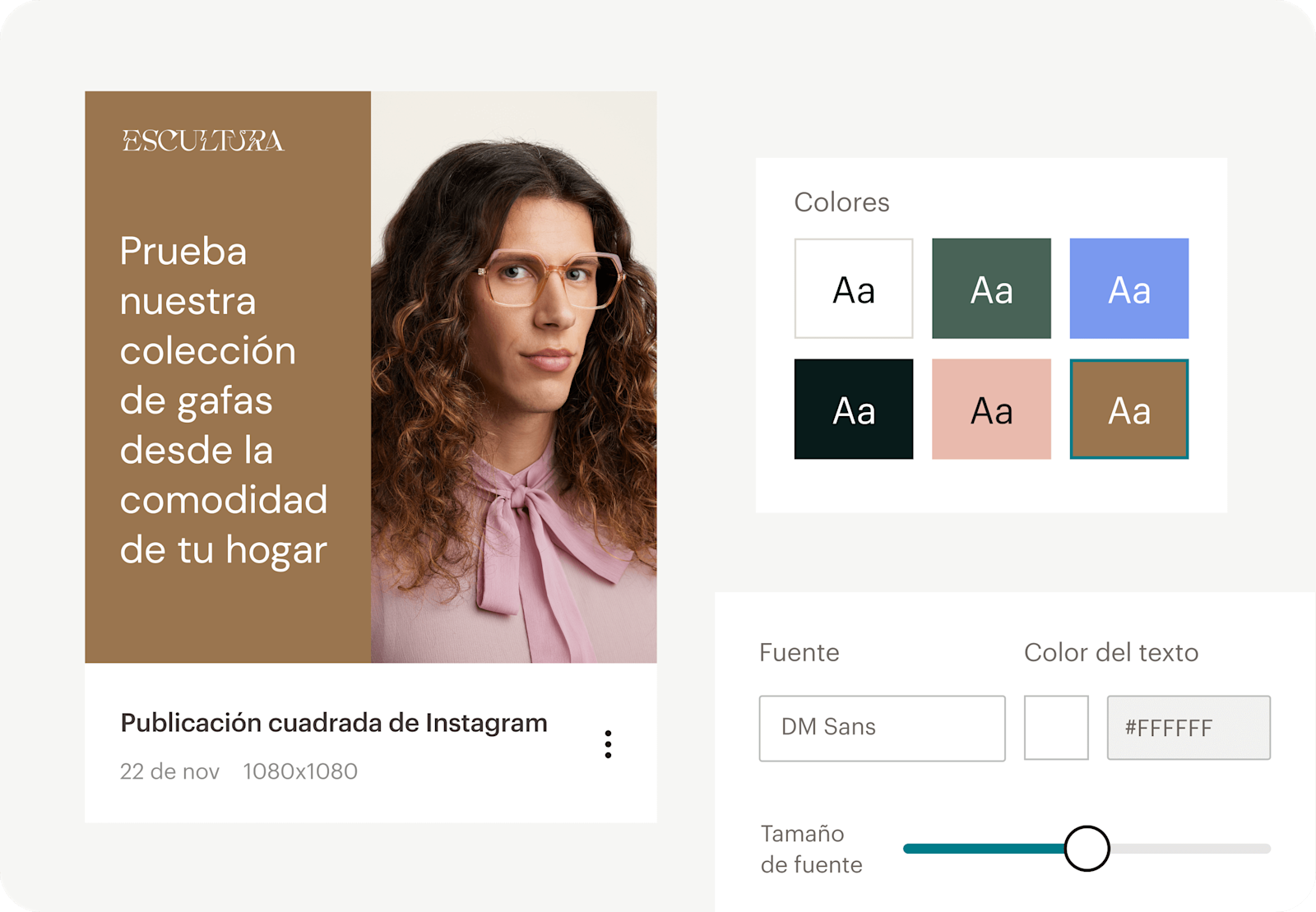 Imagen de una representación abstracta de la función Creative Assistant de Mailchimp, que muestra elementos flotantes del kit de marca, incluidos una paleta de colores y características tipográficas. El gráfico muestra cómo los usuarios pueden crear contenido cohesivo y de marca a gran escala de manera eficiente utilizando las herramientas de diseño integradas que ofrece Mailchimp.