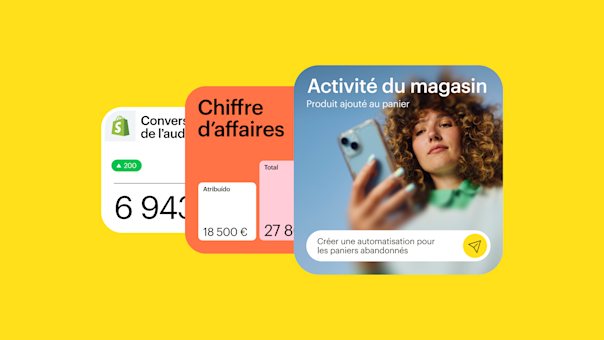 Tableau de bord analytique Shopify affichant les indicateurs d'activité de la boutique, les données relatives au chiffre d'affaires et les statistiques de conversion de l'audience, superposés sur un fond de photo illustrant un style de vie
