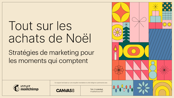 Couverture colorée au motif géométrique sur le thème des fêtes, avec le titre « Holiday Shopping Unwrapped » (Tout sur les achats de Noël) et des motifs décoratifs et logos partenaires