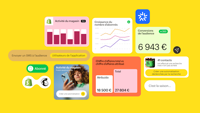 Tableau de bord d'analyse e-commerce affichant l'activité de la boutique, la croissance du nombre d'abonnés, les indicateurs de chiffre d'affaires et les fonctionnalités d'automatisation sur un fond jaune vif