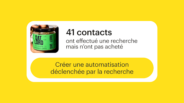 Un pot d'avoine Oat Lord avec une étiquette verte sur fond jaune, affichant 41 contacts recherchés, des statistiques et une instruction d'automatisation