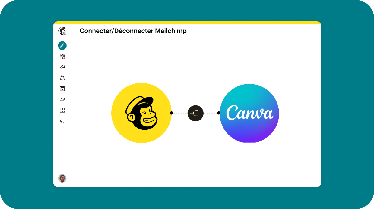 Interface de Mailchimp montrant un logo Mailchimp sur un cercle jaune relié par une icône de prise à un logo Canva.
