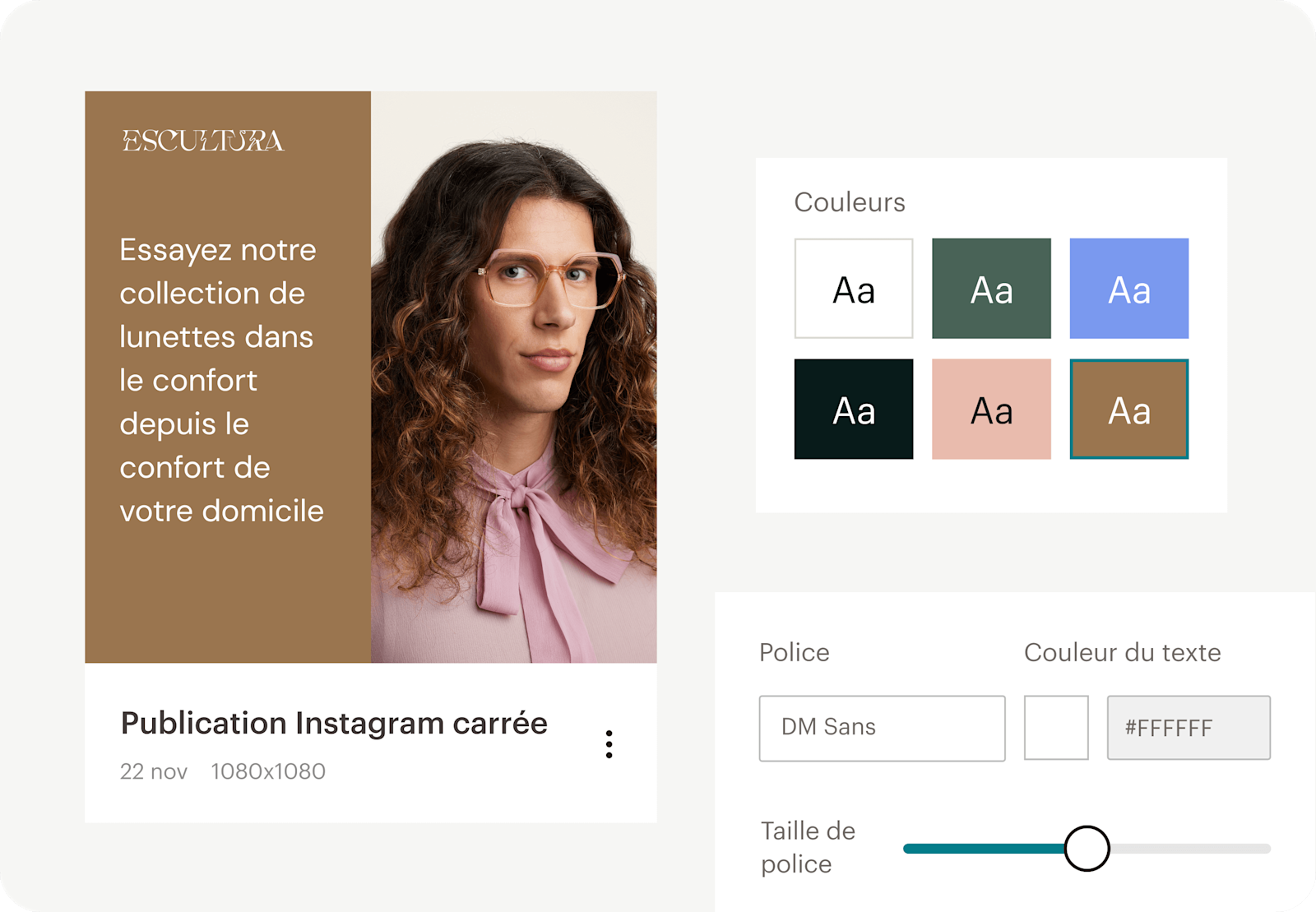 Image d’une représentation abstraite de la fonctionnalité Creative Assistant de Mailchimp, mettant en avant des éléments de kit de marque flottants, notamment une palette de couleurs et des caractéristiques de police. Le visuel montre comment les utilisateurs peuvent créer efficacement un contenu de marque cohérent à l’échelle en utilisant les outils de conception intégrés fournis par Mailchimp.