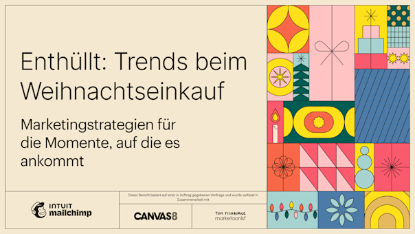 Farbenfrohes geometrisches Feiertags-Cover-Design mit dem Titel „Enthüllt: Trends beim Weihnachtseinkauf“ mit dekorativen Mustern und Partnerlogos