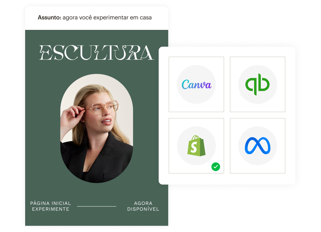 Pessoa usando óculos com armação laranja contra fundo rosa com o texto "Elementary Eyewear" e logotipos de Woo, Magento, BigCommerce e Vimeo.