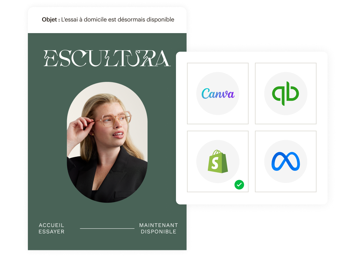 Une personne portant des lunettes à monture orange sur un fond rose, avec le texte « Elementary Eyewear » et les logos de Woo, Magento, BigCommerce et Vimeo.