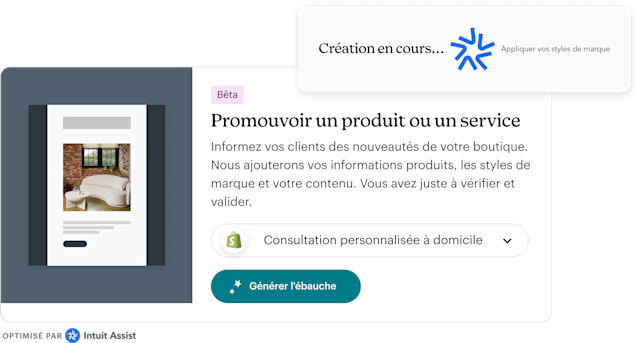 Barre d'invite Intuit Assist indiquant « Création en cours... application de vos styles de marque », au-dessus d'une interface utilisateur indiquant « (Bêta) Promotion d'un produit ou d'un service : informez vos clients des nouveautés de votre boutique. Nous ajouterons vos informations produits, les styles de marque et votre contenu. Vous avez juste à vérifier et valider ». Un bouton sous le texte indique « Générer l'ébauche ».