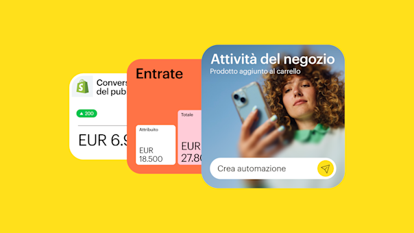 Una dashboard di dati analitici di Shopify che mostra le metriche di attività del negozio, i dati sui ricavi e le statistiche di conversione del pubblico sovrapposte a uno sfondo fotografico di lifestyle