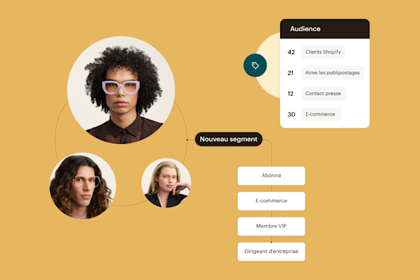 Un e-mail de produit envoyé depuis Mailchimp. Situés dans les bulles se trouvant autour du message, les logos de diverses intégrations qui fonctionnent avec Mailchimp.