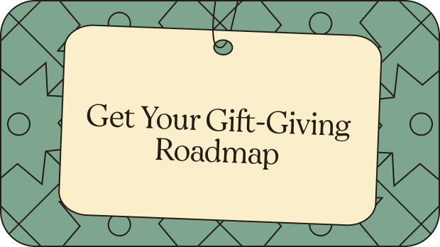 A cream-colored tag with "Get Your Gift-Giving Roadmap" text against a sage green background with geometric pattern design