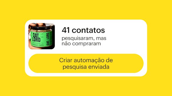 Pote de aveia Oat Lord com rótulo verde sobre fundo amarelo, mostrando estatísticas de 41 contatos procurados e instruções de automação
