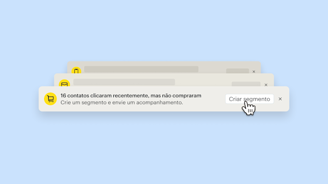 Pop-up de notificação exibindo "16 contatos clicaram recentemente, mas não compraram", com um botão "Criar segmento" e um cursor de ponteiro