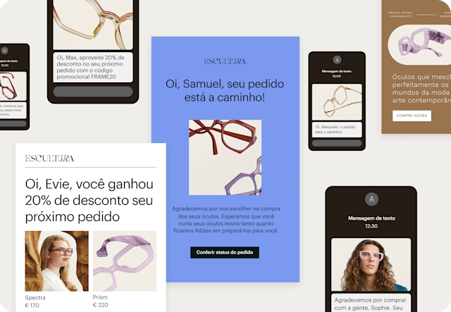Imagem de vários e-mails abstratos e interfaces de SMS da marca fictícia Escultura. O visual demonstra como as empresas podem receber novos contatos e recuperar carrinhos abandonados com automações geradas por IA e e-mails prontos.