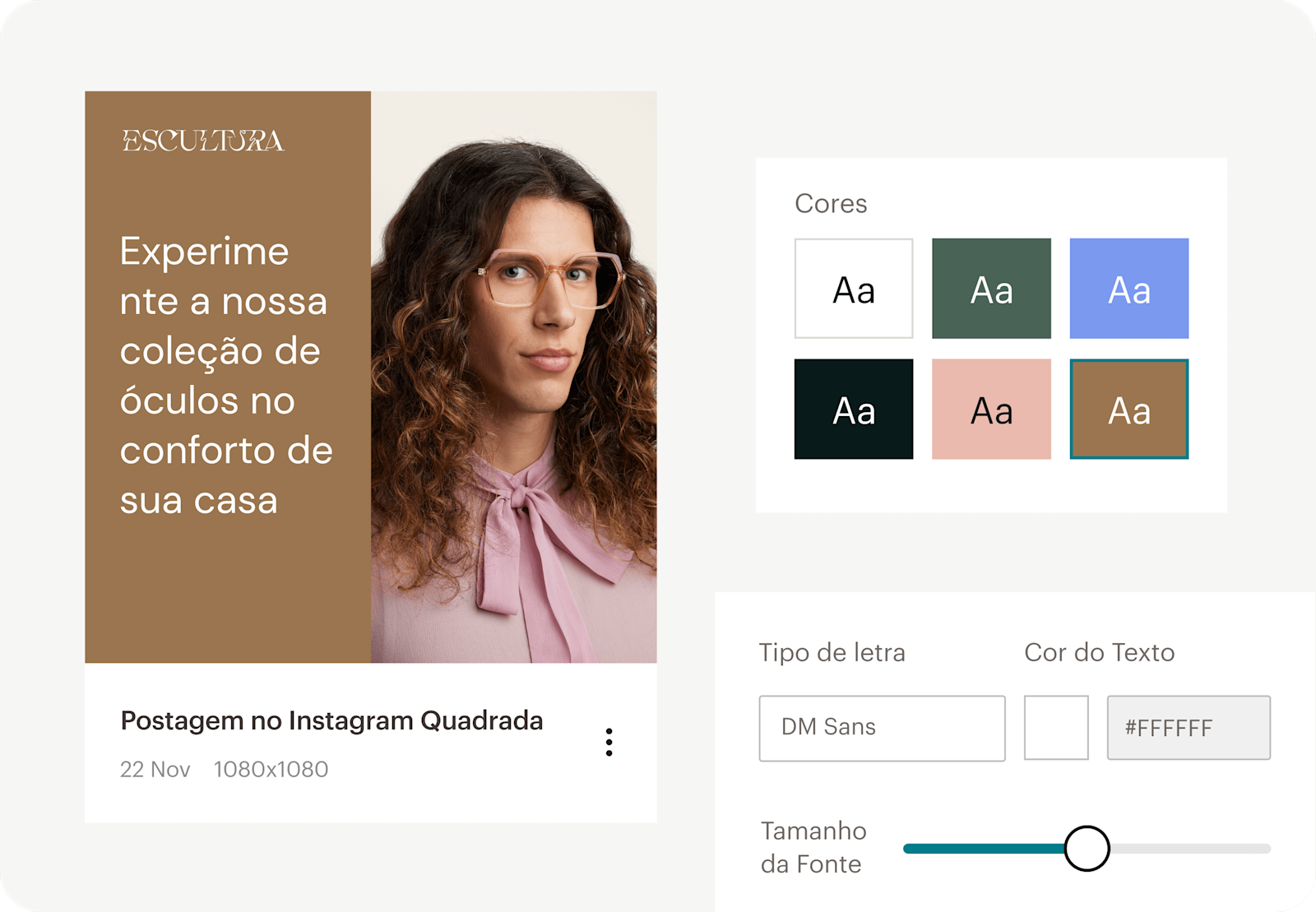 Imagem de uma representação abstrata do recurso Creative Assistant do Mailchimp, exibindo elementos flutuantes do Kit da Marca, incluindo uma paleta de cores e características de fonte. O visual demonstra como os usuários podem criar conteúdo coeso e de marca de forma eficiente e em escala, utilizando as ferramentas de design integradas oferecidas pelo Mailchimp.