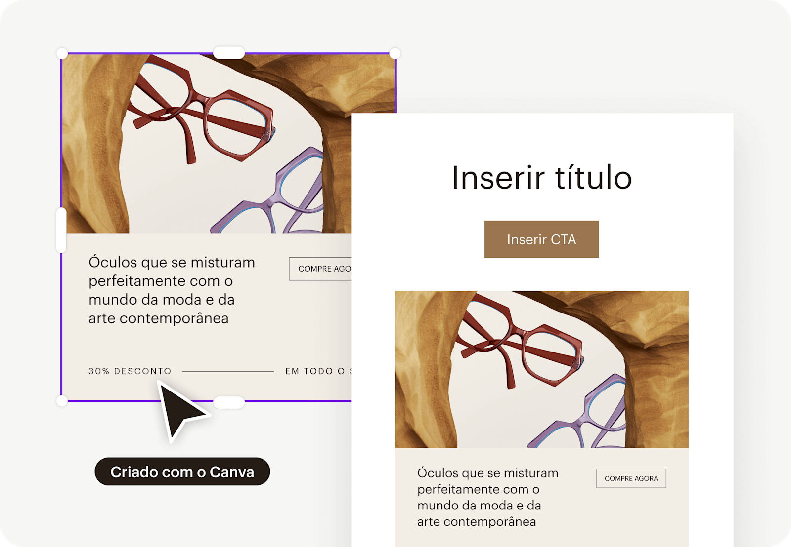 Imagem de uma interface gráfica abstrata do Canva, onde o gráfico está sendo importado ativamente para o layout de uma campanha de e-mail. O visual demonstra como os usuários podem utilizar várias integrações criativas, como Canva e Shutterstock.